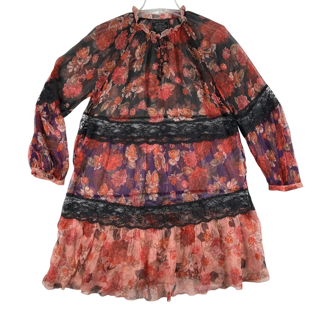 Johnny Was Dress Womens Small Natasha Floral Silk Sheer Lace Boho Ruffle Mini